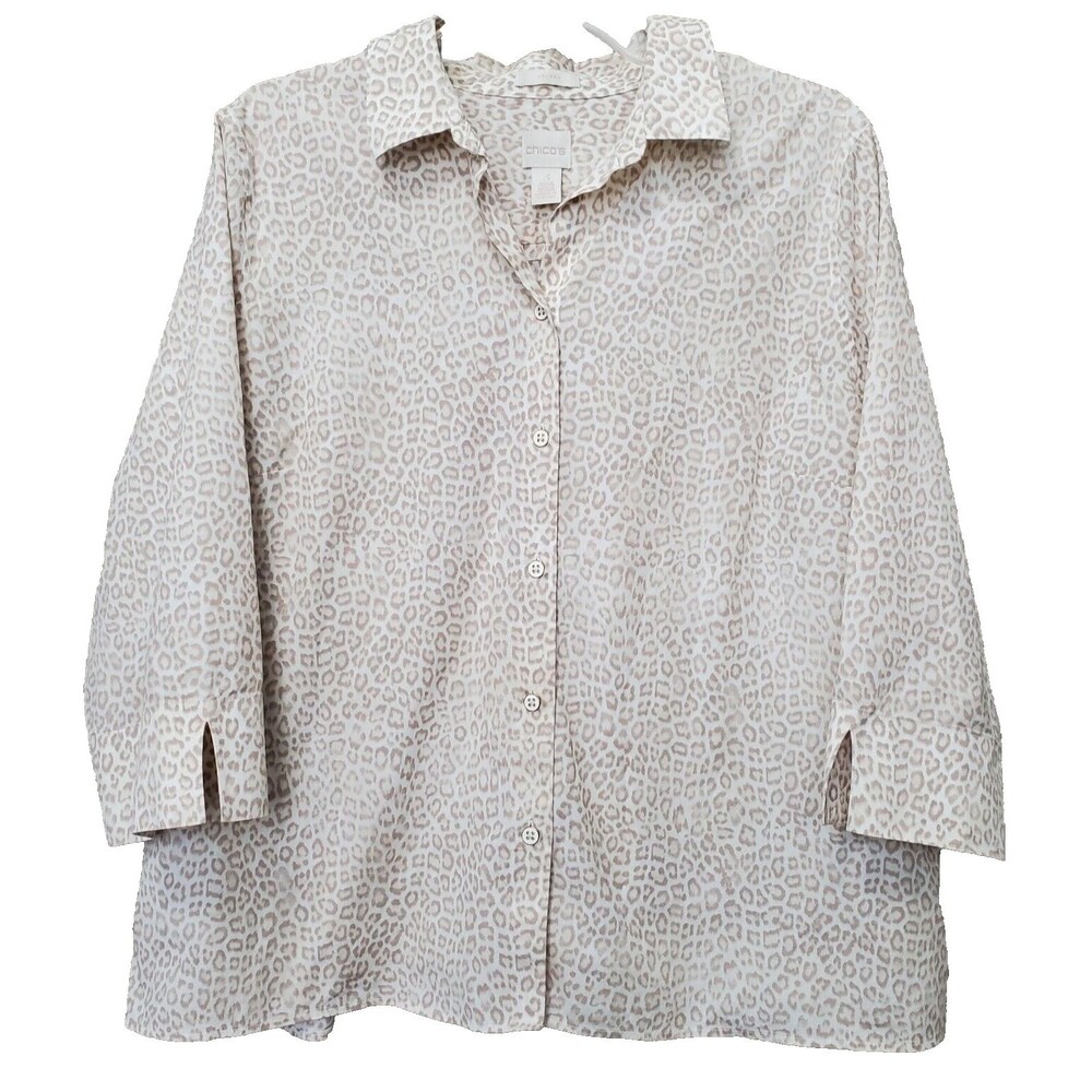Chico's No Iron Cotton Blend Beige Animal Print 3/4 Sleeve Button-Up Shirt 3(XL)